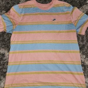 Nike Men's Tee with Pink, Blue, and Yellow Stripes Sportswesr Tee